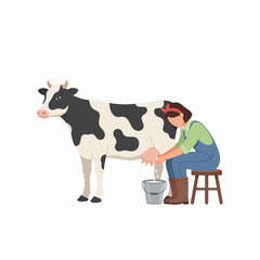 Hardworking farm woman milking cow into bucket for fresh dairy products