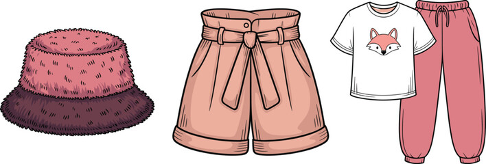 Casual fashion outfit set, bucket hat, peach shorts, graphic fox t‑shirt, pink jogger pants, stylish clothing, cad drawing flat vector illustration