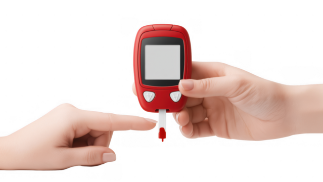 Person testing blood sugar with a diabetes device, created AI, PNG