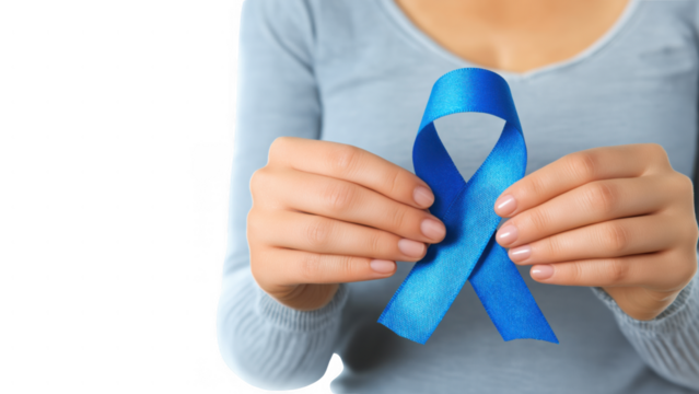 Person holding blue ribbon for diabetes awareness, created AI, PNG