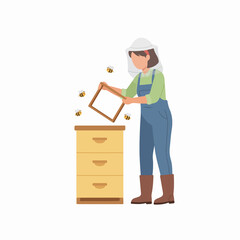 Beekeeper tending hive, checking honey frame amidst buzzing bees