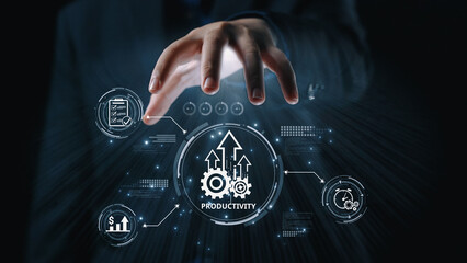 Productivity improvement in digital business, showing productivity tools, productivity tracking, productivity optimization, and workflow for business workplace efficiency. Elide