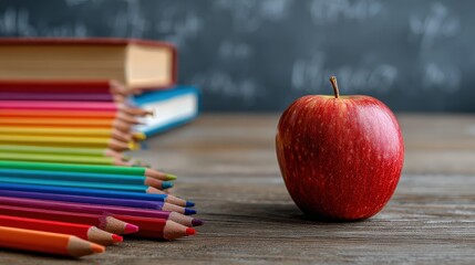 A vibrant red apple sits beside colorful pencils and books, creating a cheerful and educational atmosphere against a chalkboard background.