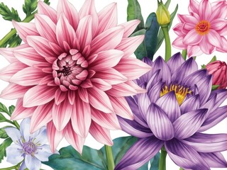 Elegant watercolor floral bouquet featuring vibrant pink dahlias and purple water lilies for spring design