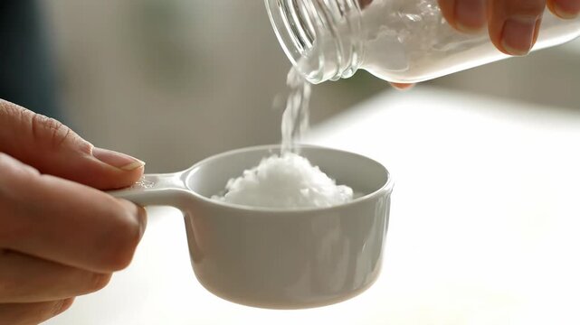 Pouring White Granules into Measuring Cup from Glass Jar for Cooking Preparation Demonstration, Showing precise ingredient measurement for perfect