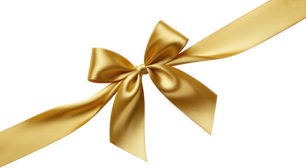 Gold satin gift bow on a diagonal ribbon for celebration Isolated on transparent background
