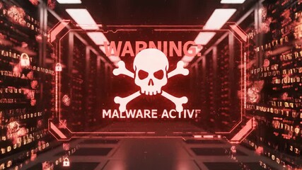 Futuristic server room under cyber attack. Red warning message shows system hacked, virus, and malware active alerts. Cybersecurity and data breach concept animation - Powered by Adobe