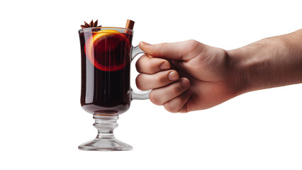Hand holds a glass of warm spiced autumn mulled wine, created AI, PNG