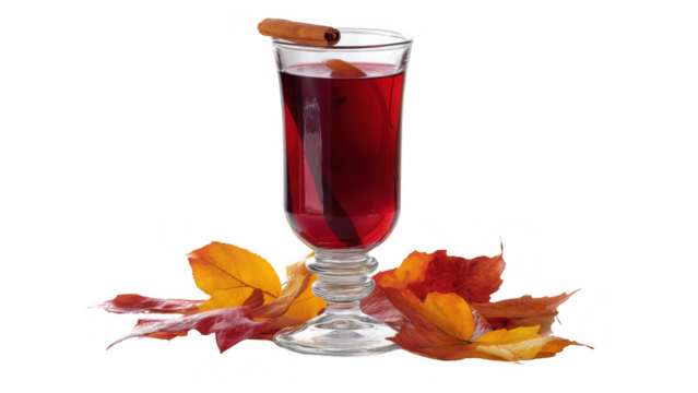 Cozy mulled wine with cinnamon and leaves, created AI, PNG