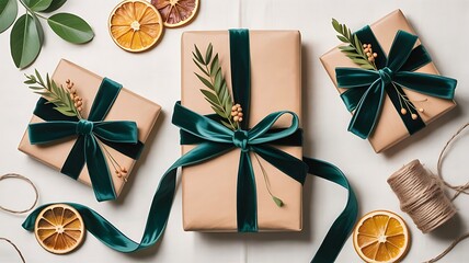 Three christmas gifts wrapped in brown paper with green velvet ribbon