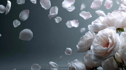 White flowers with falling petals on a dark background. Tenderness and romance.