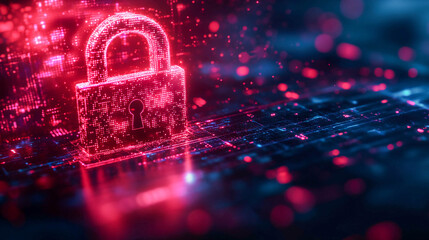 A digital lock in the form of a pixel pattern on a high-tech background. Glowing red and blue elements create a cybersecurity theme.