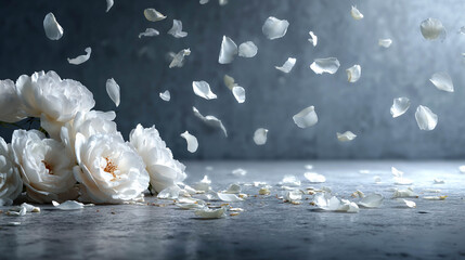 White flowers with falling petals on a dark background. Tenderness and romance.