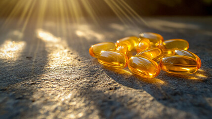 Gelatin capsules with fish oil or vitamin D lying on a textured surface. Sunlight falls on the capsules. Health and nutrition.