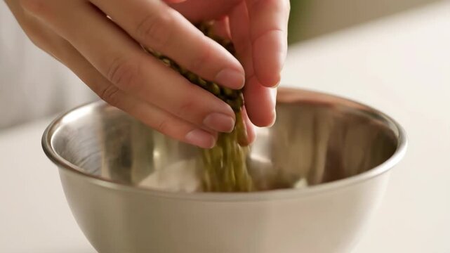 Mung Bean Preparation in Kitchen: A Close-Up Look at Hands Gently Pouring Mung Beans into a Silver Bowl Preparing for a Fresh and Healthy Meal