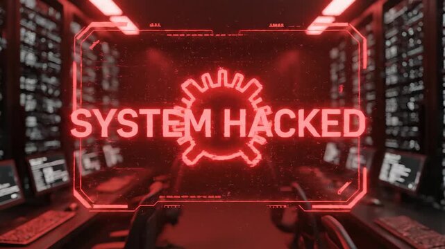 System hacked warning message in a server room. Futuristic animation of a cyber attack and data breach. Cybersecurity and technology threat concept