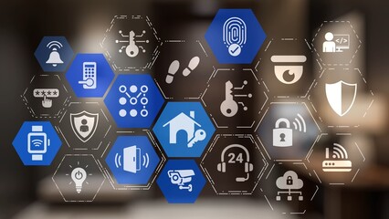 Home security icons show smart home, surveillance, and safety devices. Home security ensures...