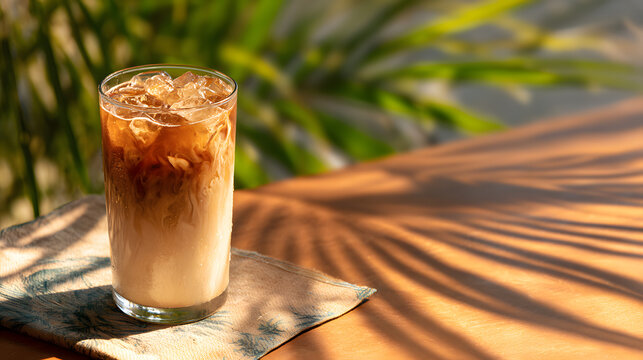 Vietnamese iced coffee with sweetened condensed milk layered in a clear cup, tropical napkin and shadow play, left sid