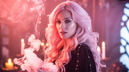 Glamorous witch with glitter makeup and pink hair surrounded by rose-colored smoke, elegant Halloween vibe
