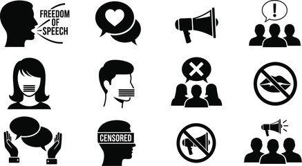 Freedom of speech censorship and expression vector icon set art
