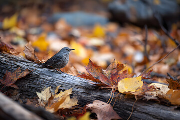 a small bird sitting on a log in the leaves