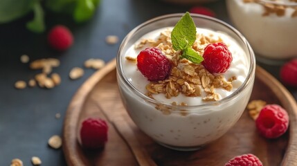 Delicious yogurt parfait topped with granola and fresh raspberries, presented in a clear glass bowl on a wooden plate.