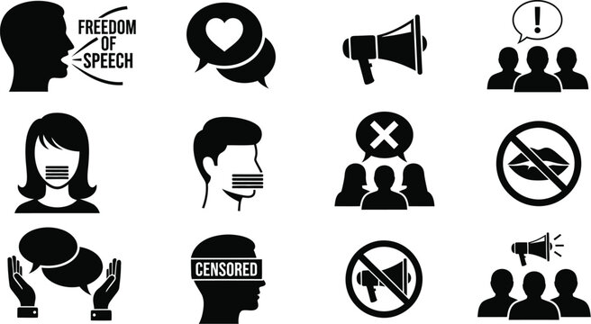 Freedom of speech censorship and expression vector icon set art