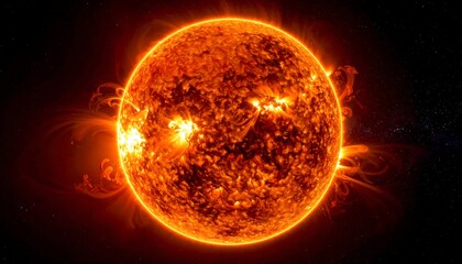 Fiery sun against the backdrop of a dark, star-studded cosmos