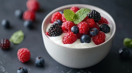 A bowl of creamy yogurt topped with a vibrant array of fresh raspberries, blueberries, and blackberries, presented on a dark surface.