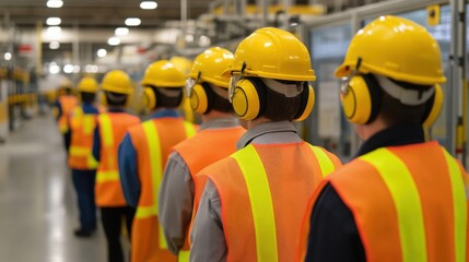 A line of workers in safety gear stands in a large industrial facility.