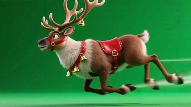 Majestic 3D rendered reindeer soars through winter sky, pulling Santa's sleigh with jingling bells, perfect for festive holiday animations and commercials.