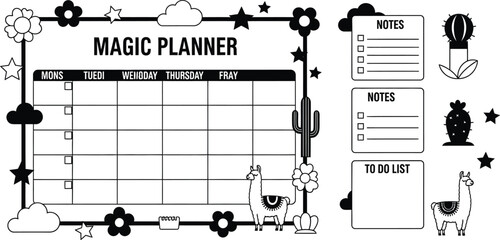 Printable magic planner template with llama and cactus design