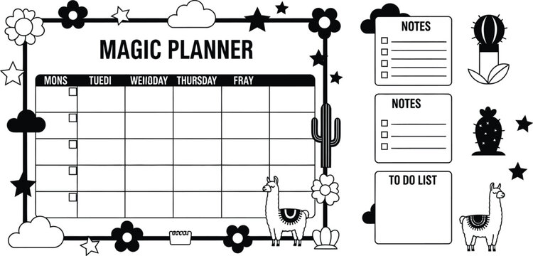 Printable magic planner template with llama and cactus design