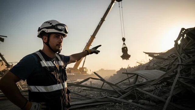 Construction worker directing a crane at a demolition site. Engineer in a hard hat supervising the cleanup of rubble at sunset. Industrial labor and reconstruction concept