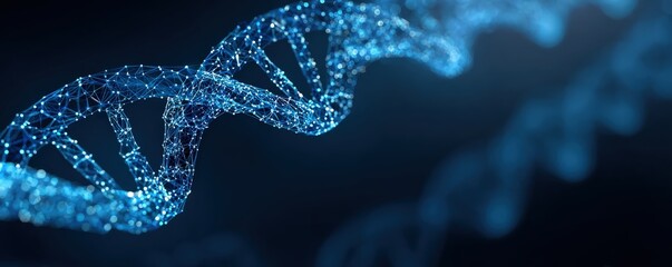 A close-up, digital representation of a DNA double helix, showcasing intricate blue molecular structures against a dark background.