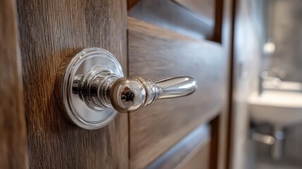 Obraz premium Chrome door handle on wooden panel with a blurred bathroom background. Use for interior design, modern living, or home improvement projects.