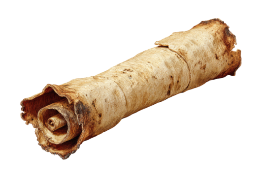 Aged parchment scroll, rolled and showing signs of wear