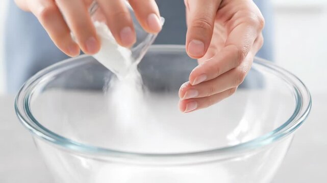 Detailed Look at Precise Sugar Measurement and Pouring Process for Recipe Preparation, with Clear Bowl and Professional Hand Technique in Bright