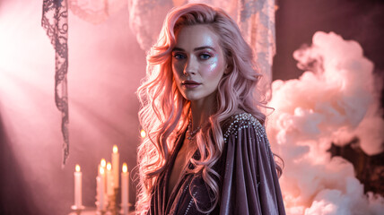 Glamorous witch with glitter makeup and pink hair surrounded by rose-colored smoke, elegant Halloween vibe
