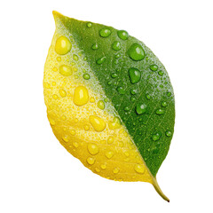 Close-up of a vibrant leaf, half yellow, half green, covered in water droplets