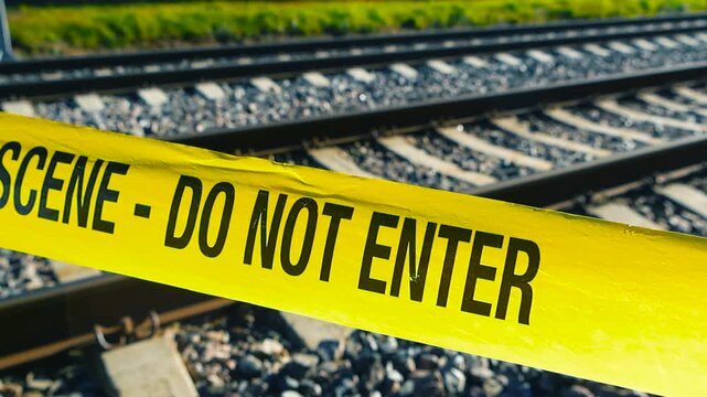 Police line or yellow colored caution crime scene tape ribbon in front of rusty metal train tracks or railway railroad tracks during a sunny day with bokeh blurry background.
