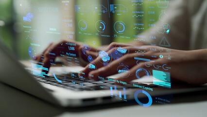 Supply chain management interface showing delivery routes, warehouse efficiency, cost savings, vehicle tracking, procurement ROI, and contract stages. Futuristic supply chain monitoring system. Thunk