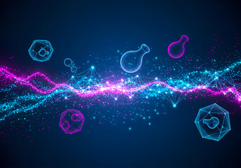 An abstract data background with a luminous network of nodes and flowing particles. Floating 3D geometric shapes like dodecahedrons integrate into this vibrant data visualization for tech.