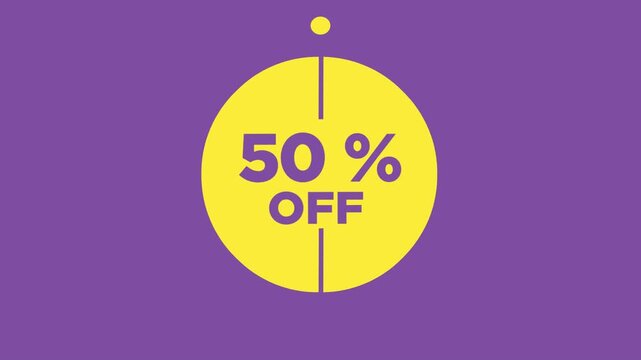A bright yellow circular tag with "50% OFF" in bold purple text, centered on a solid purple background, indicating a significant sale discount.