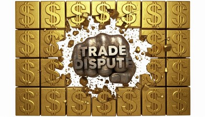 A fist smashing through a wall of gold coins with the words Trade Dispute writte