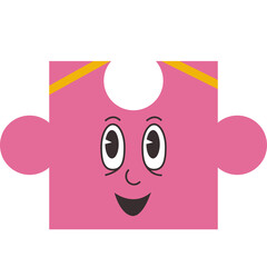 Pink Puzzle Piece Character With Happy Face and Yellow Accents Isolated on Transparent Background