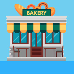 Pixel Art Bakery Building Facade With Pretzel Bread And Awning Over Windows On A Bright Blue Sky Background