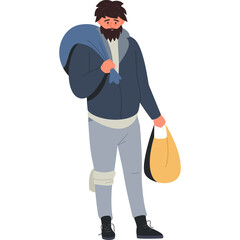Man carrying bags with blue jacket and light gray pants on transparent background