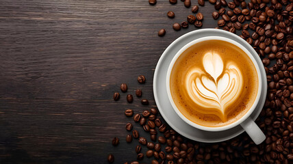 ダークな木目の板の上に、コーヒー豆とラテアートのコーヒー