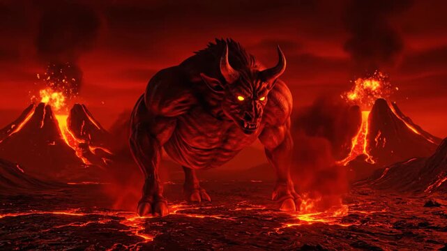 A demonic beast with glowing eyes stands in a fiery hellscape. Erupting volcanoes and molten lava create an apocalyptic scene. Fantasy animation of a mythological creature from the underworld